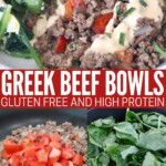 collage of images showing how to make spinach artichoke ground beef bowls with tahini sauce