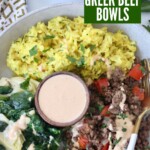 cooked ground beef, lemon rice and vegetables in bowl with tahini sauce