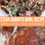 diced grilled steak in bowl with vegetables and sirloin steak marinating in zipper bag